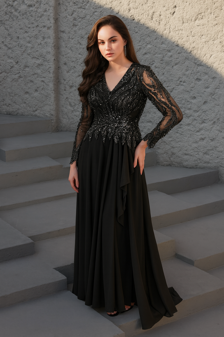 שמלת ערב עליון וי מפוסל חצאית שיפון