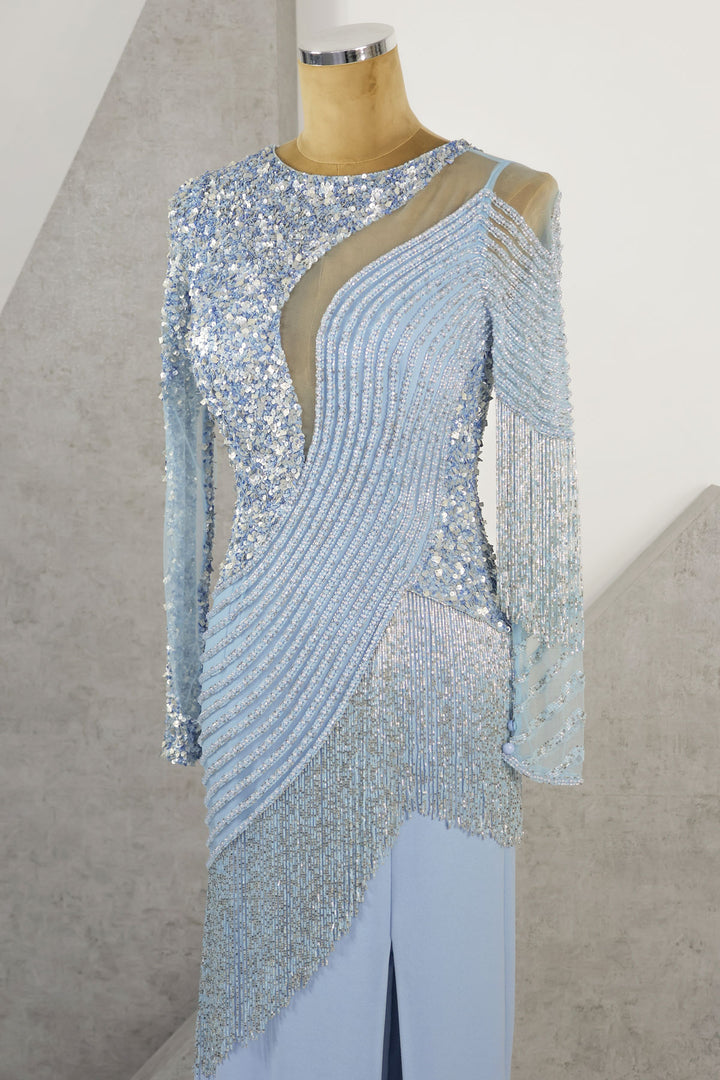 שמלת ערב קרפ תכשיט פרנזים צווארון עגול