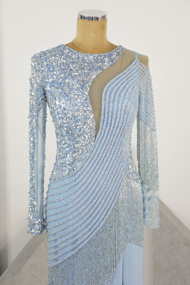 שמלת ערב קרפ תכשיט פרנזים צווארון עגול