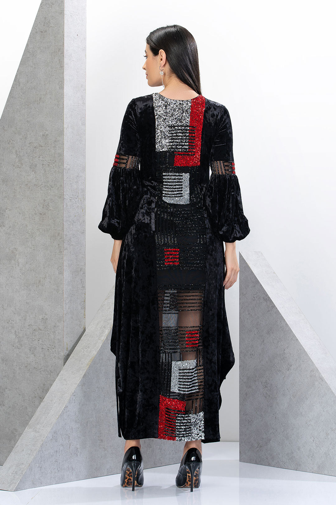 שמלת כפתאן קטיפה טופז מרובעים