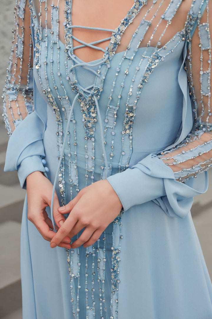 שמלת ערב כפתאן שיפון וי שרוכים פס קדמי מחורז