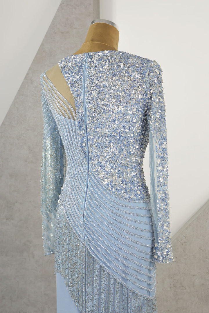 שמלת ערב קרפ תכשיט פרנזים צווארון עגול