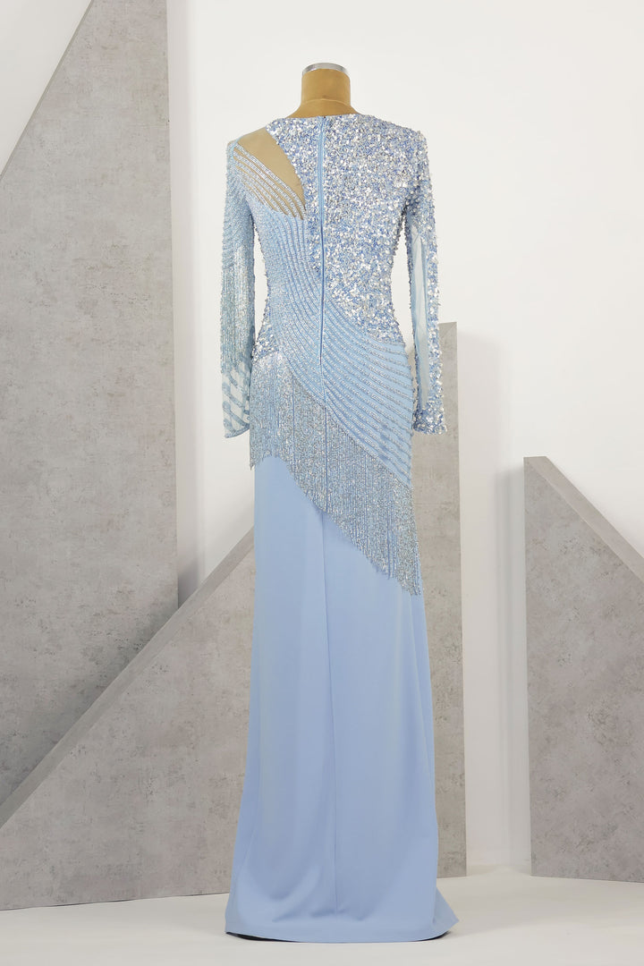 שמלת ערב קרפ תכשיט פרנזים צווארון עגול