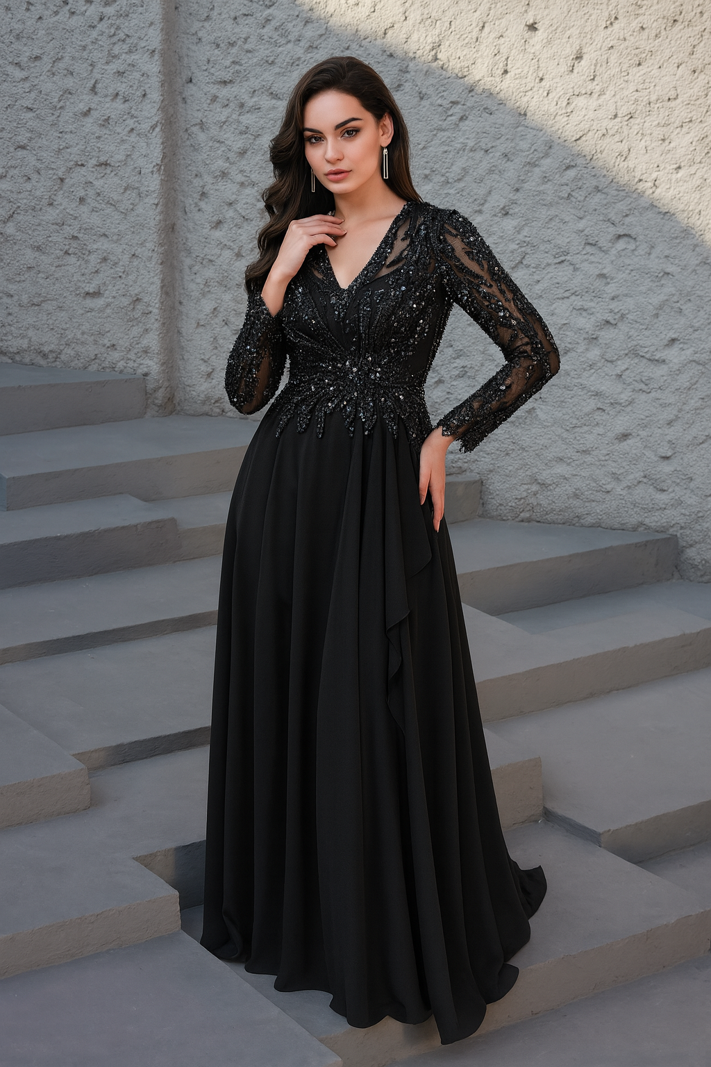 שמלת ערב עליון וי מפוסל חצאית שיפון