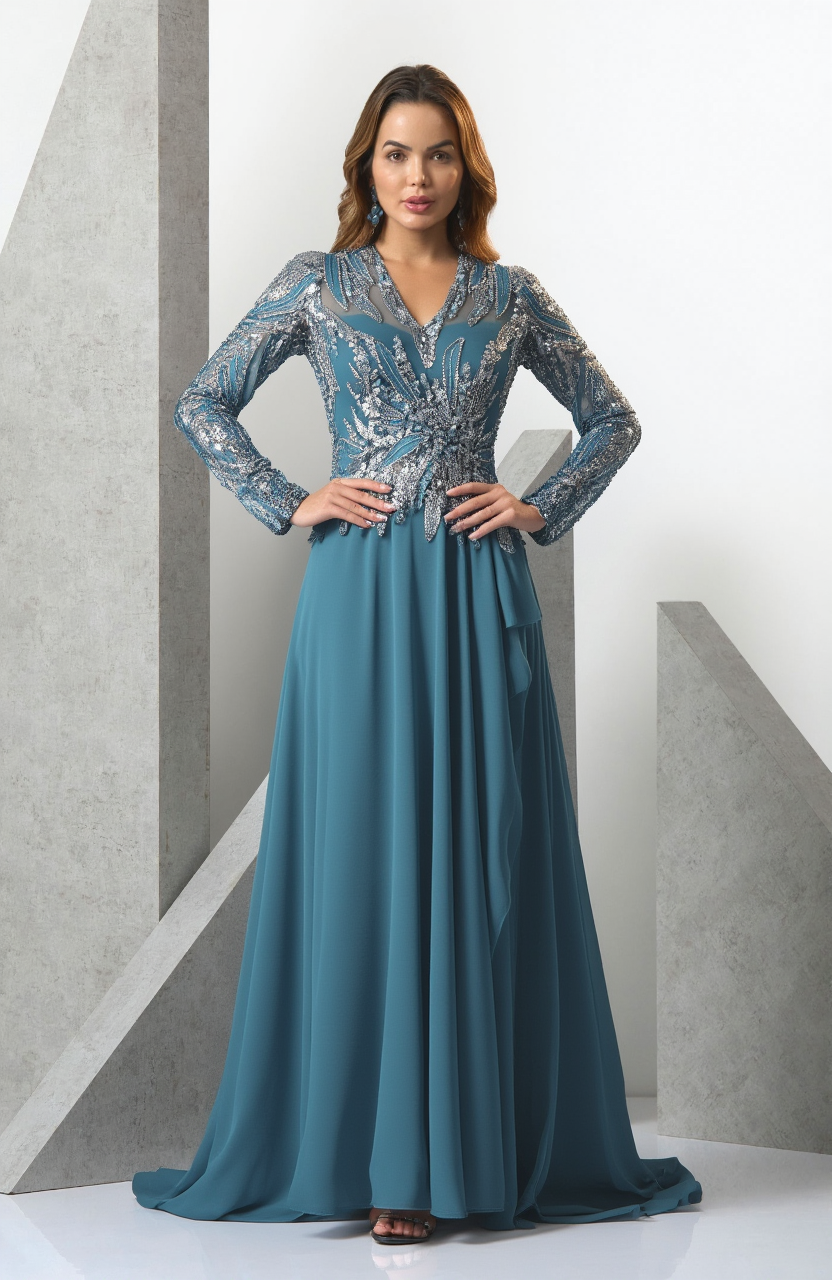 שמלת ערב עליון וי מפוסל חצאית שיפון