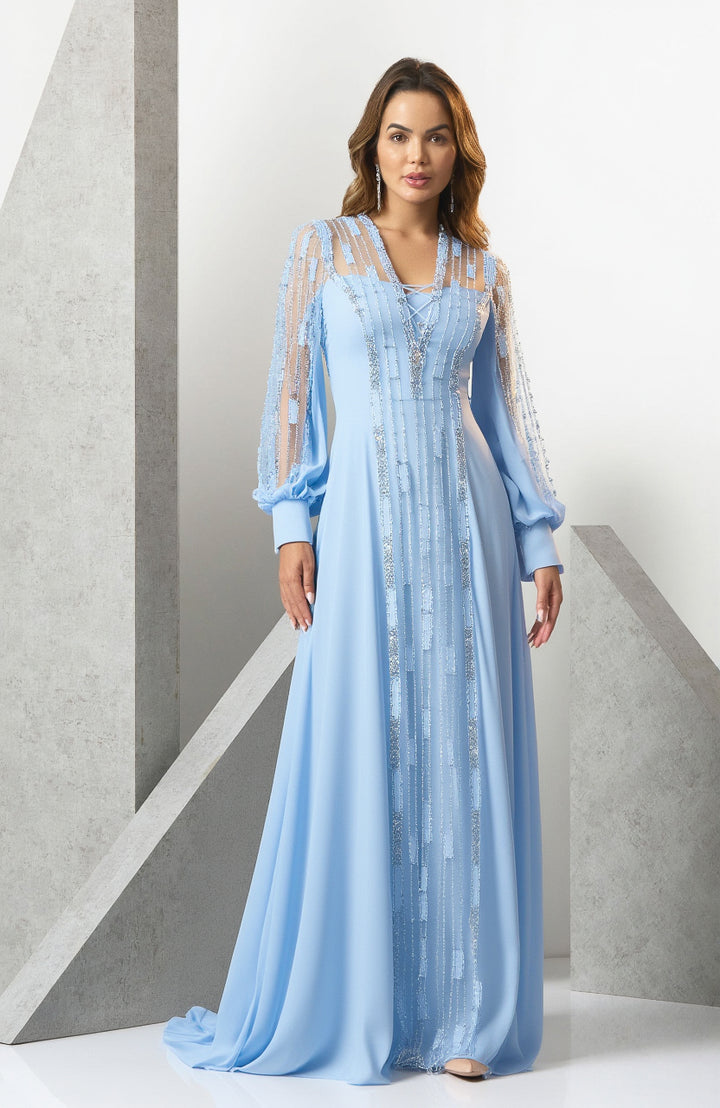 שמלת ערב כפתאן שיפון וי שרוכים פס קדמי מחורז