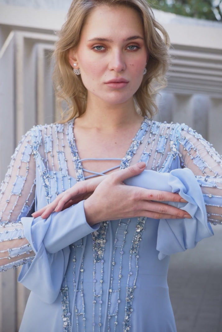 שמלת ערב כפתאן שיפון וי שרוכים פס קדמי מחורז