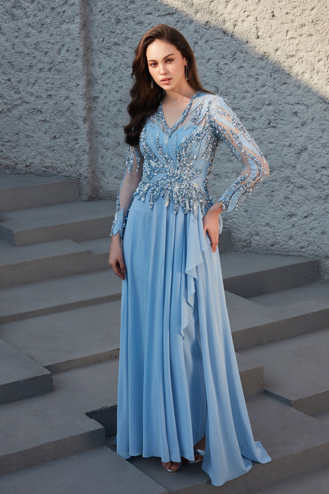 Celeste V-Neck Georgette Evening Gown