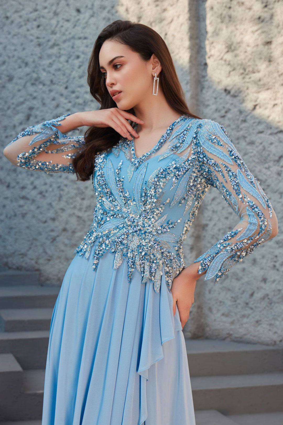 Celeste V-Neck Georgette Evening Gown