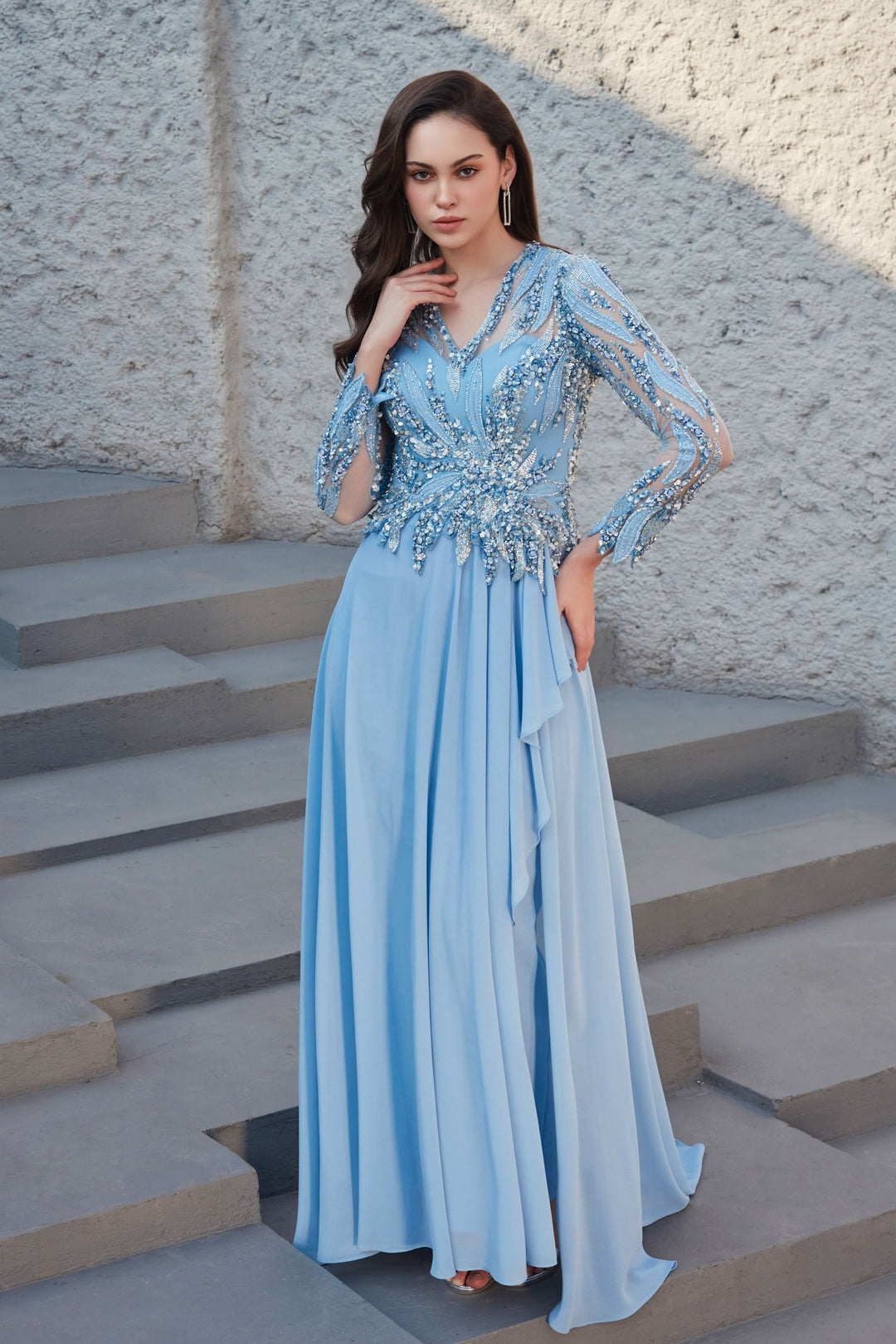 Celeste V-Neck Georgette Evening Gown