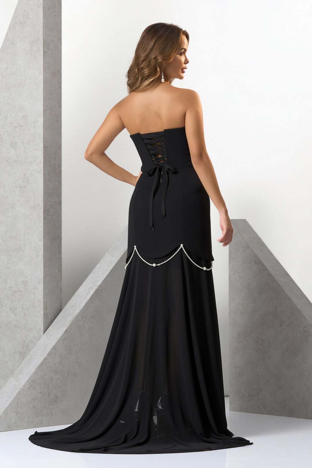 מחוך קרפ מחטב שרשראות פנינים חצאית שיפון