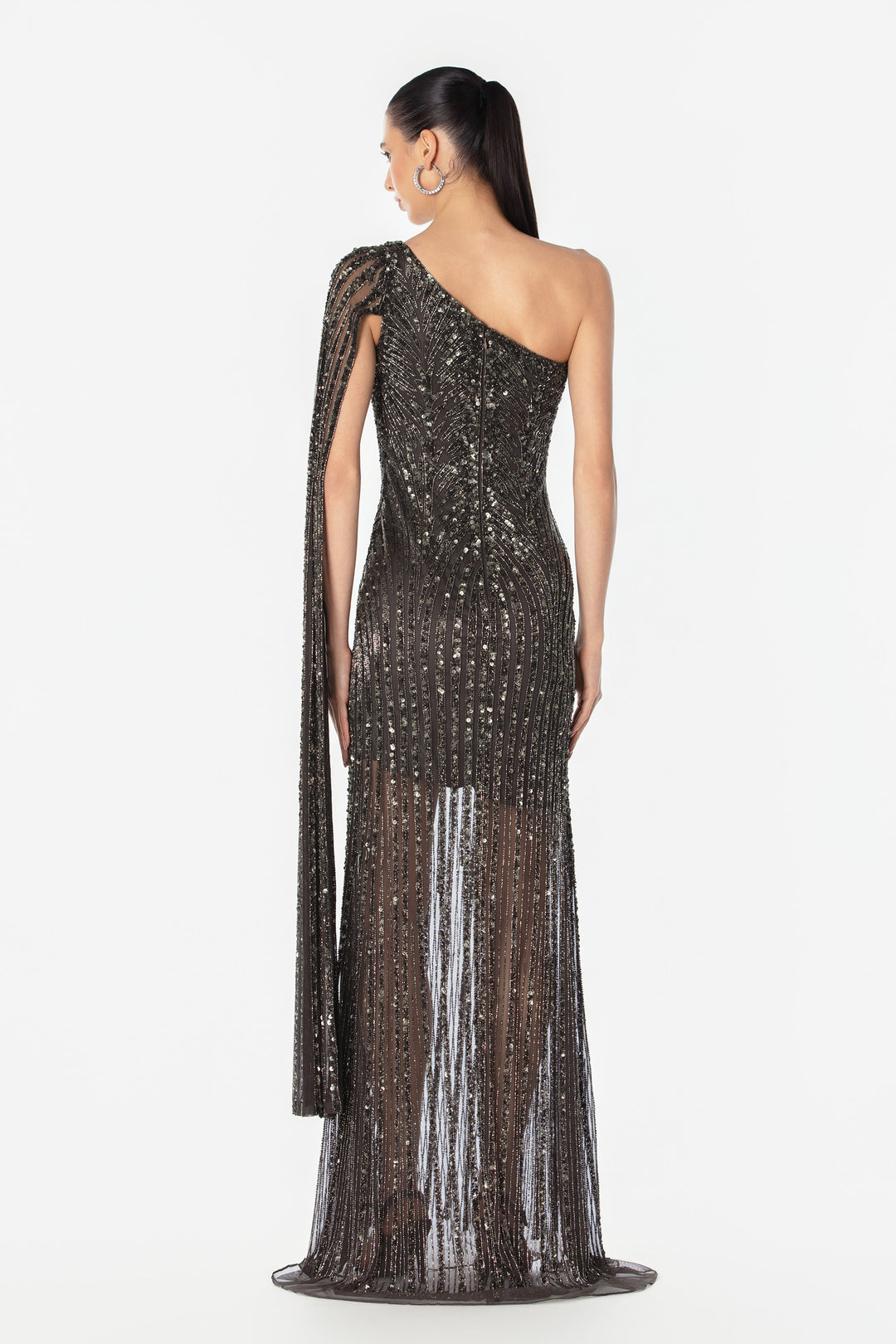 שמלת ערב מחורזת כתף אחת שרוול ארוך קריסטלים