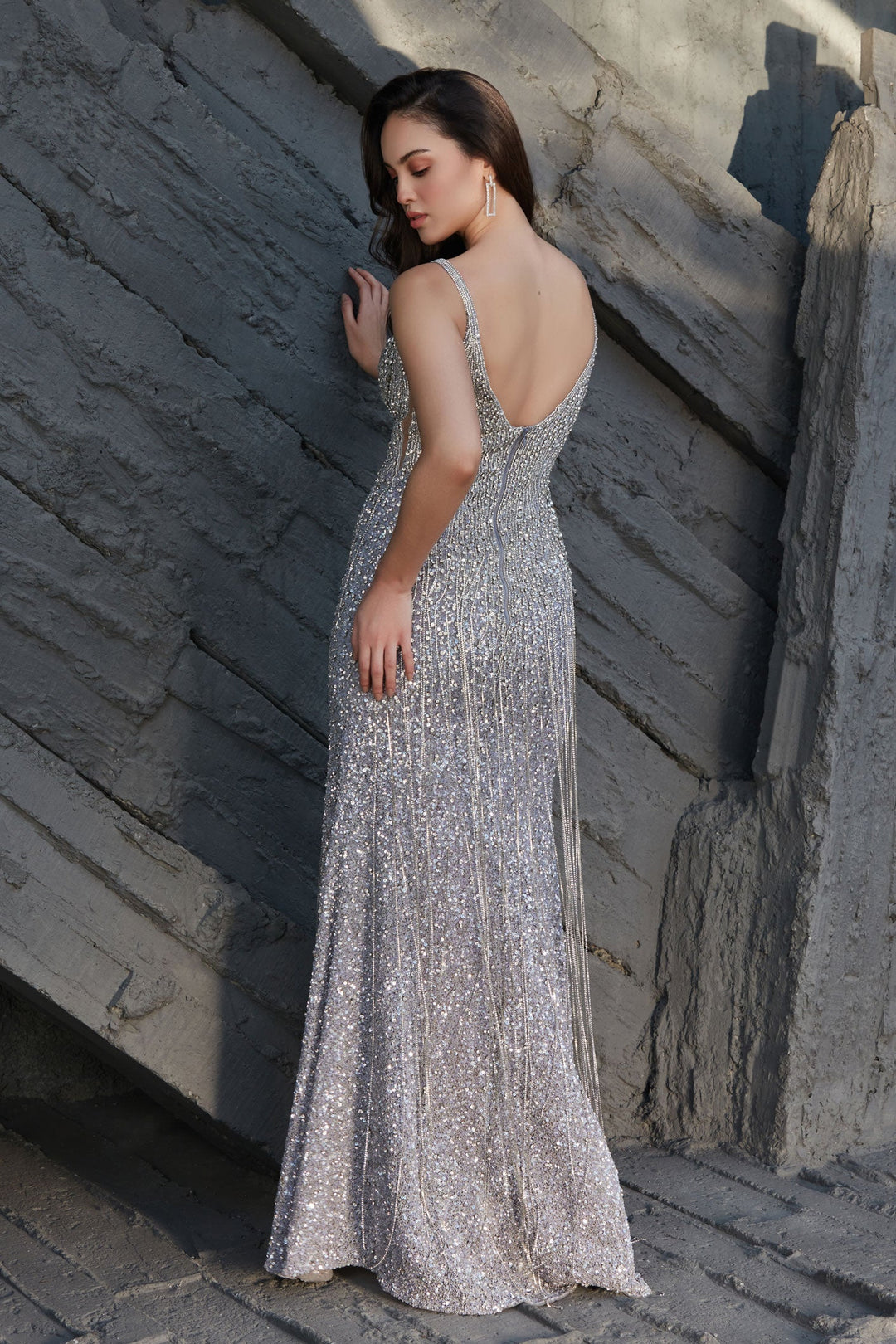 Michaella Crystals Fringe Evening Gown